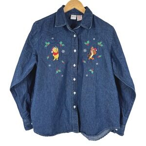 VTG! Disney Winnie the Pooh Tigger Denim Button Up Shirt XL Holiday Embroidered